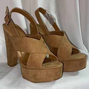 Brand New! 8.5 Bamboo Leather tan 5inch heel with strap!